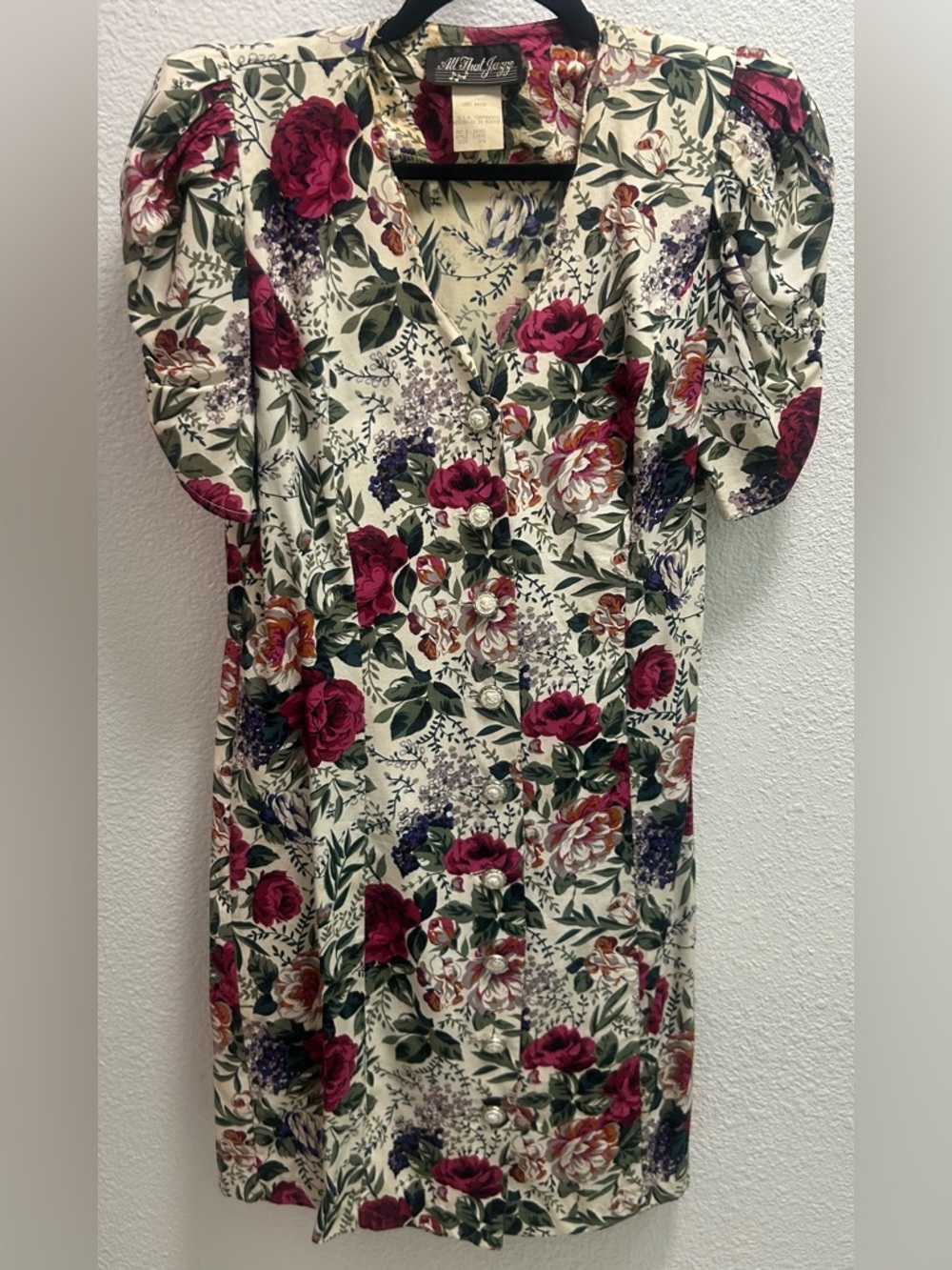 Vintage All That Jazz Floral Button-Front Dress - Cream with Rose Print